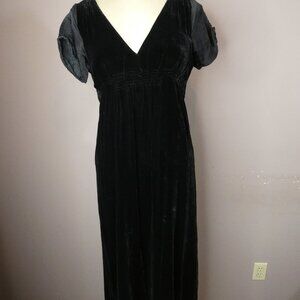 Chan Luu Women's S Black Velvet Tie Back Dress Midi Shift Silk Detail V-Neck